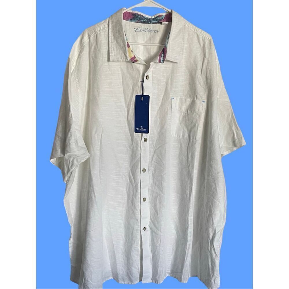 NWT Caribbean Mens White Linen Blend Short Sleeve Button-up Shirt Size 4XB